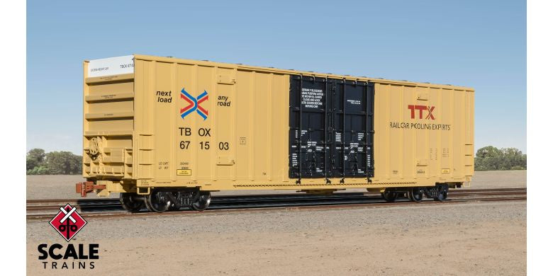Operator HO Scale Trinity 60' 7500 8' Double-Plug-Door High-Cube Boxcar, TTX/Red Logo/TBOX/Conspicuity Stripes / 671569 /