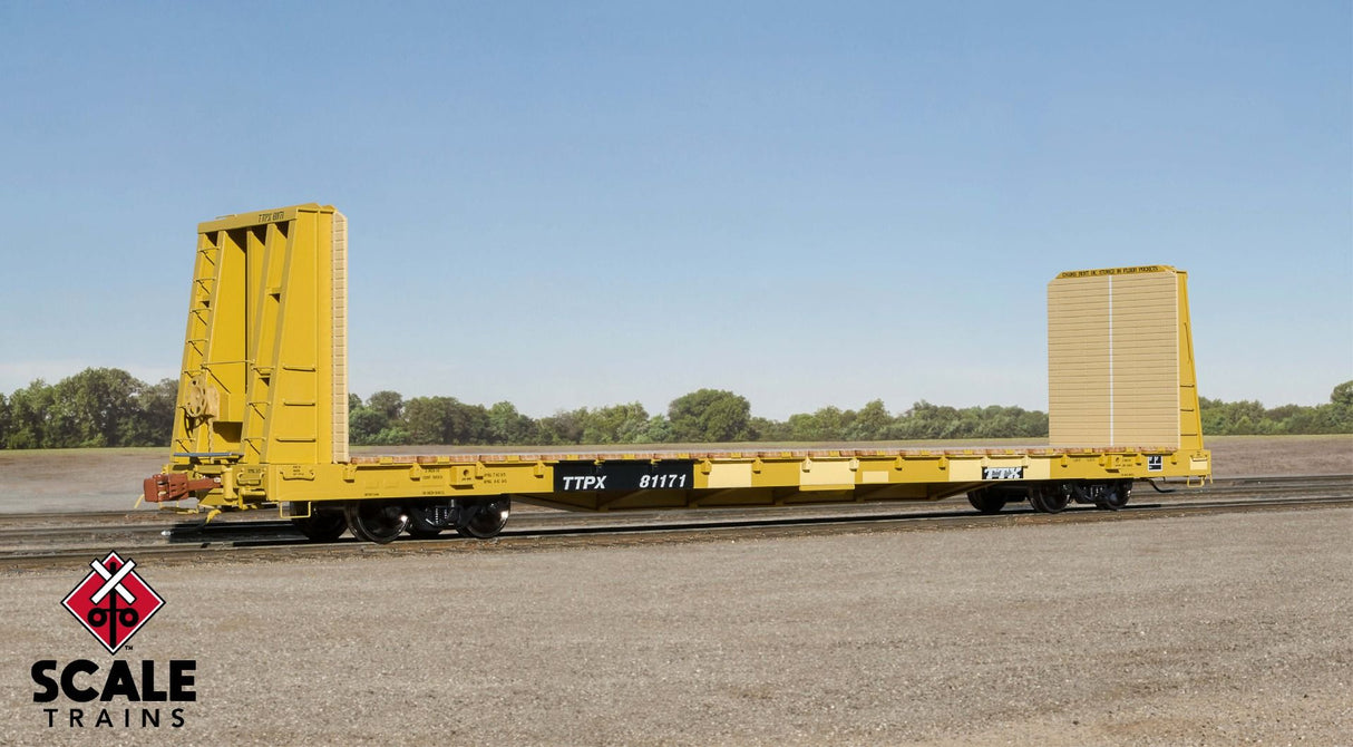 Rivet Counter HO Scale F68AH Bulkhead Flat Car, TTX/Yellow/Speed Logo/Patched/TTPX / 81171 /