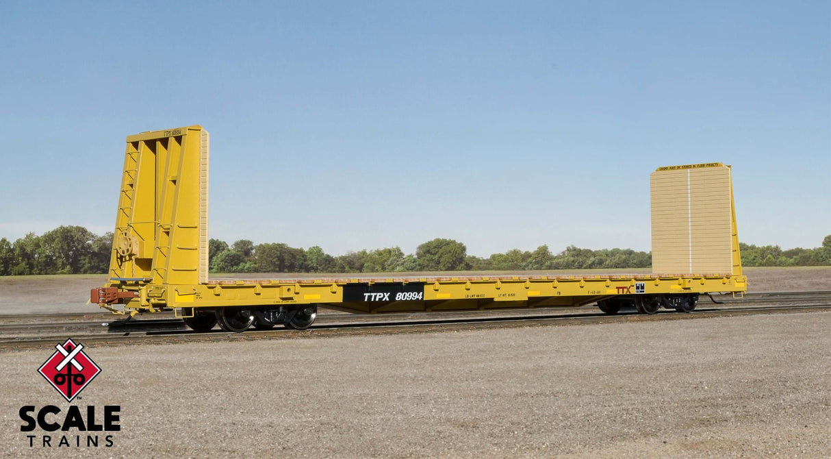 Rivet Counter HO Scale F68AH Bulkhead Flat Car, TTX/Yellow/Red Logo/Patched/TTPX / 81155 /