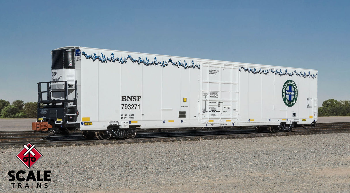 Rivet Counter N Scale Trinity 82' 7883 Mechanical Reefer, BNSF/Roofline Icicles/Conspicuity Stripes/Carrier / 793284 / Sound Equipped