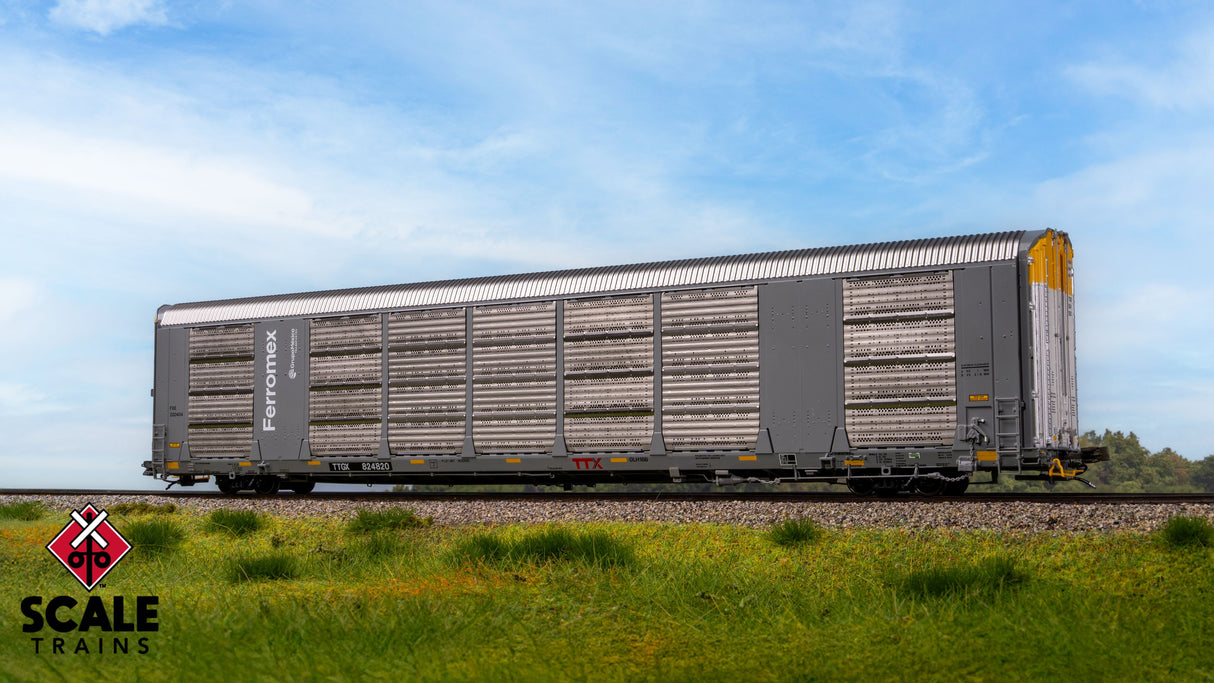 Scaletrains Rivet Counter HO Scale Gunderson Multi-Max Autorack, Ferromex/Grupo México/Gray/Large Panel Perforations/Globehopper Tracker/TTGX / 824852 /