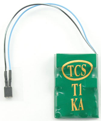 TCS - Train Control Systems T1-KAC 2-Function DCC Decoder w/TCS Keep Alive Wires - Control Only -- With 2-Pin Connector for KA Unit Only .66 x 1 x .22" 16.8 x 24.6 x 5.5mm - TCS1423