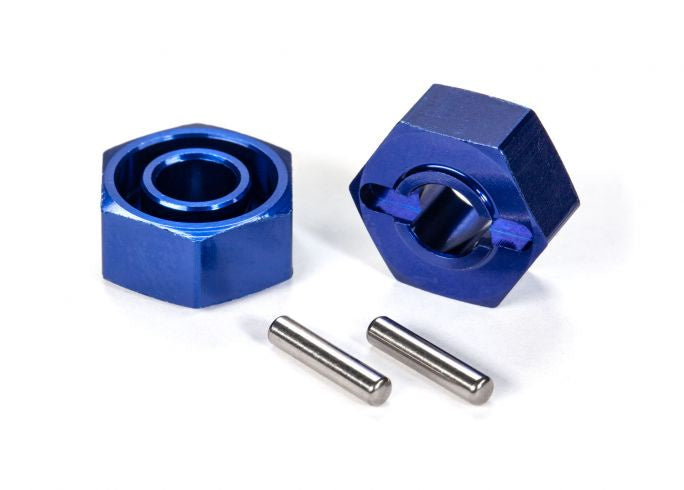 Traxxas 1654X Wheel hubs, Hex (blue-anodized, lightweight aluminum) (2)/ Axle pins(4) - TRA1654X
