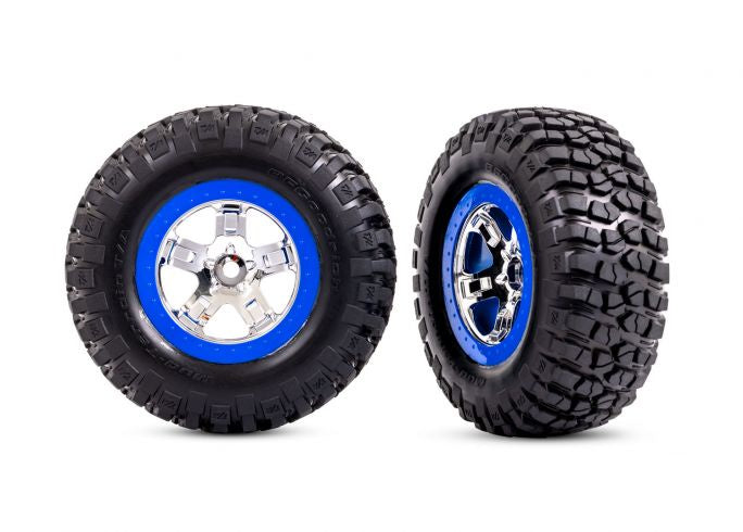 Traxxas 5869A Tires & Wheels, assembled, glued (SCT chrome, - Blue beadlock style Wheels, BFGoodrich Mud-Terrain T/A KM2 Tires, foam Inserts) (2) (2WD Front)