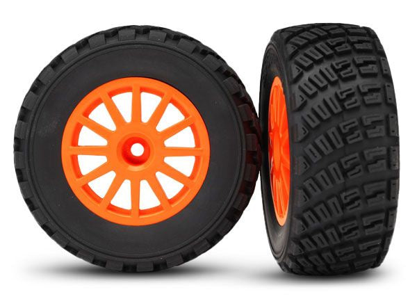 Traxxas 7473A Tires & Wheels, assembled, glued (orange Wheels, gravel pattern Tires, foam Inserts) (2) (TSM Rated) - TRA7473A