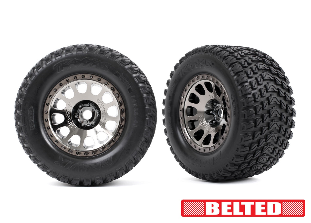 Traxxas 9862X Tires & Wheels, assembled, glued (XRT Race black chrome Wheels, Gravix¢ belted Tires, dual profile