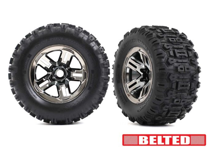 Traxxas 9573A Tires & Wheels, assembled, glued (3.8" black chrome Wheels, belted Sledgehammer Tires, foam Inserts) (2)
