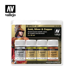 Vallejo 35ml Bottle Liquid Gold, Silver, Copper Metallic Model Color Paint Set (4 Colors) - 70199