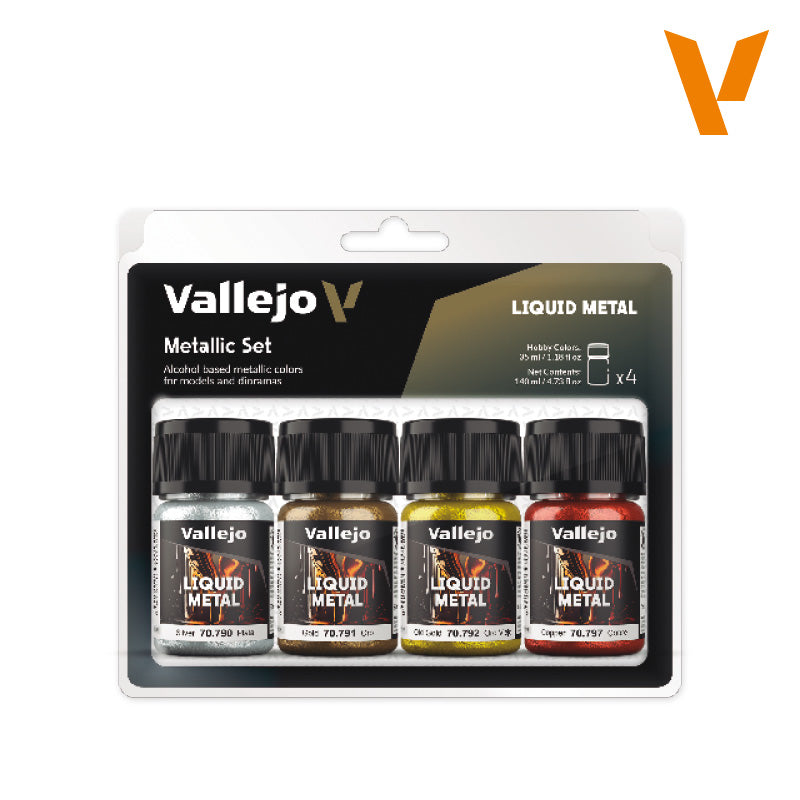 Vallejo 35ml Bottle Liquid Gold, Silver, Copper Metallic Model Color Paint Set (4 Colors) - 70199