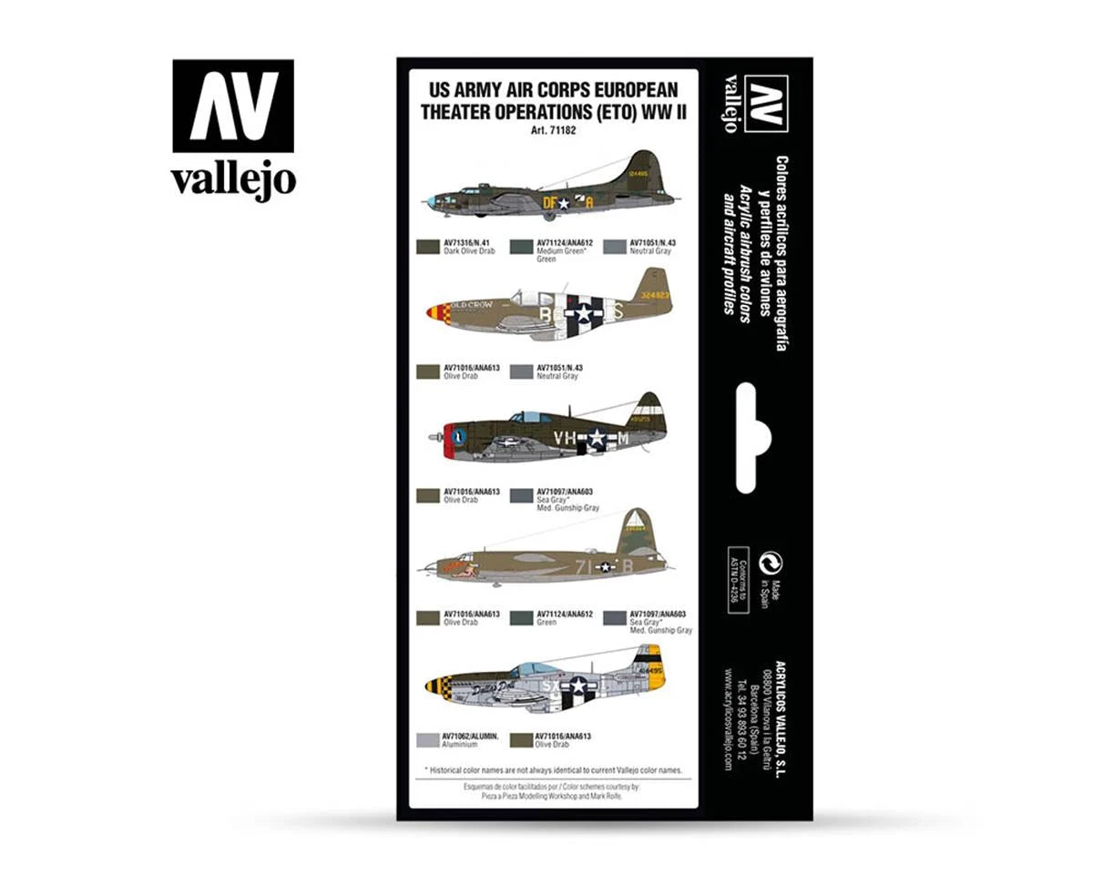 Vallejo 17ml Bottle US Army Air Corps European Theater Operations (ETO) WWII Model Air Paint Set (8 Colors) - 71182
