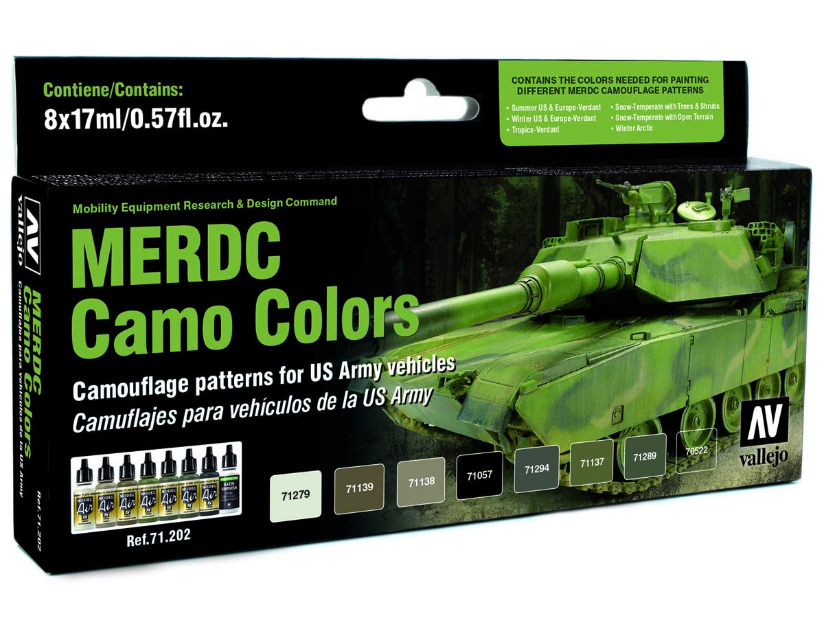 Vallejo 17ml Bottle US Army Vehicles MERDC Camo Model Air Paint Set (8 Colors) - 71202