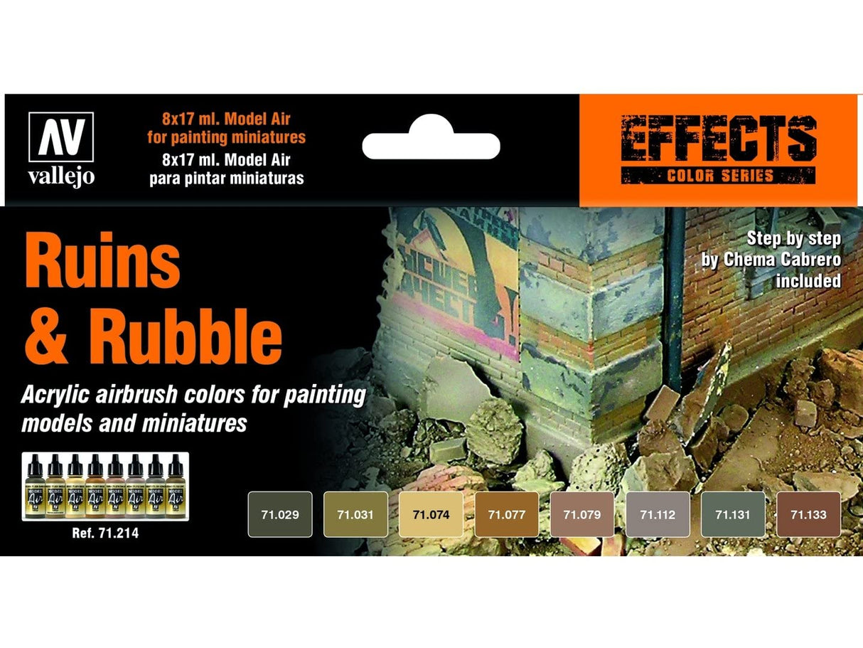 Vallejo 17ml Bottle Ruins & Rubble Effects Model Air Paint Set (8 Colors) - 71214