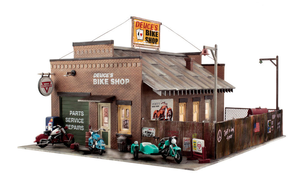 Woodland Scenics O Scale Deuce's Cycle Shop - Built-&-Ready Landmark Structures(R) -- Assembled - 11-3/4 x 10" 29.8 x 25.4cm - WOOBR5846
