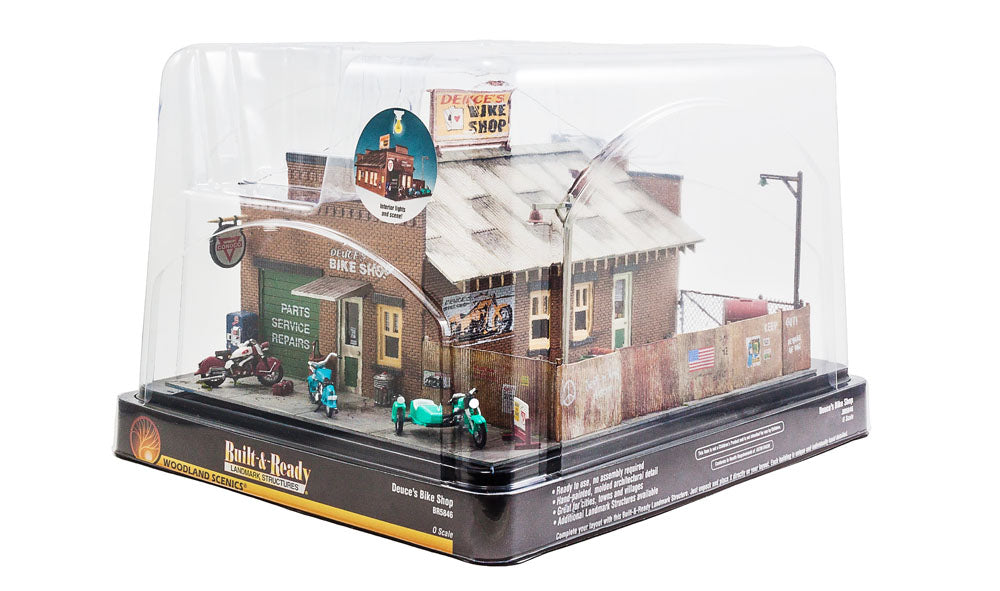 Woodland Scenics O Scale Deuce's Cycle Shop - Built-&-Ready Landmark Structures(R) -- Assembled - 11-3/4 x 10" 29.8 x 25.4cm - WOOBR5846