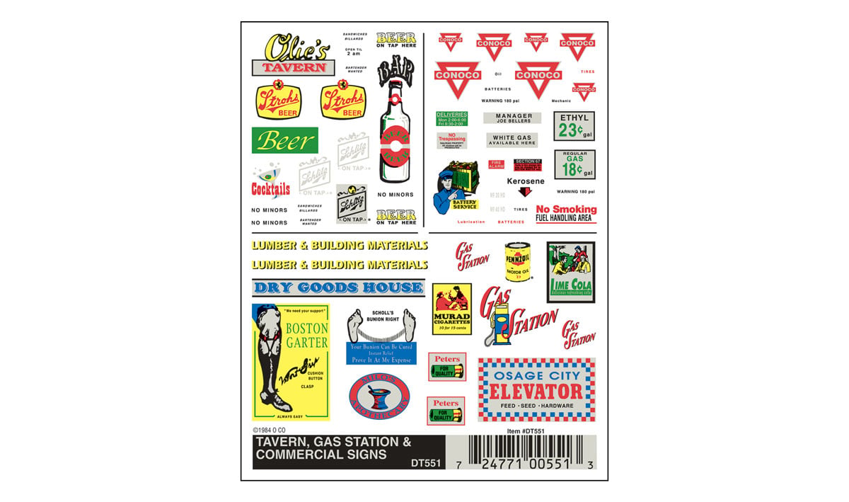Woodland Scenics Dry Transfer, Tavern/Gas/Commercial Sign - WOODT551