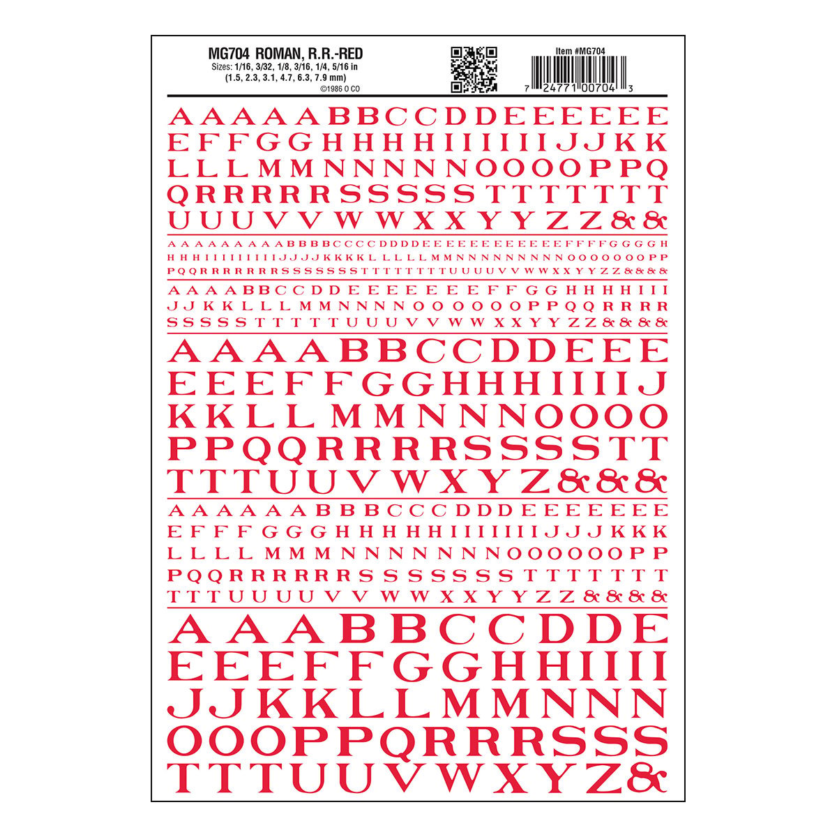 Woodland Scenics Dry Transfer Alphabet - Railroad Roman - 1/16, 3/32, 1/8, 3/16, 1/4 & 5/16" -- Red - WOOMG704