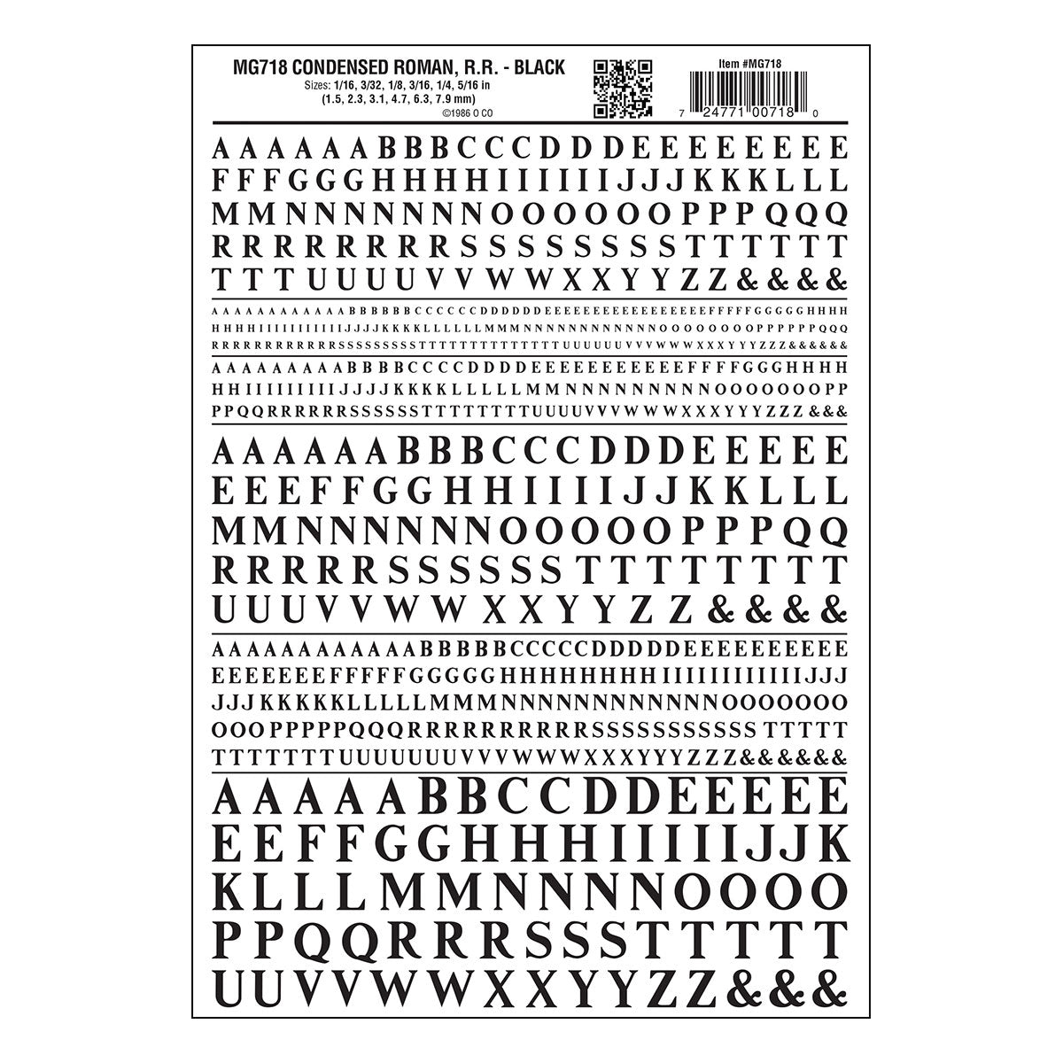 Woodland Scenics Dry Transfer Short Roman Letters, Black - WOOMG718