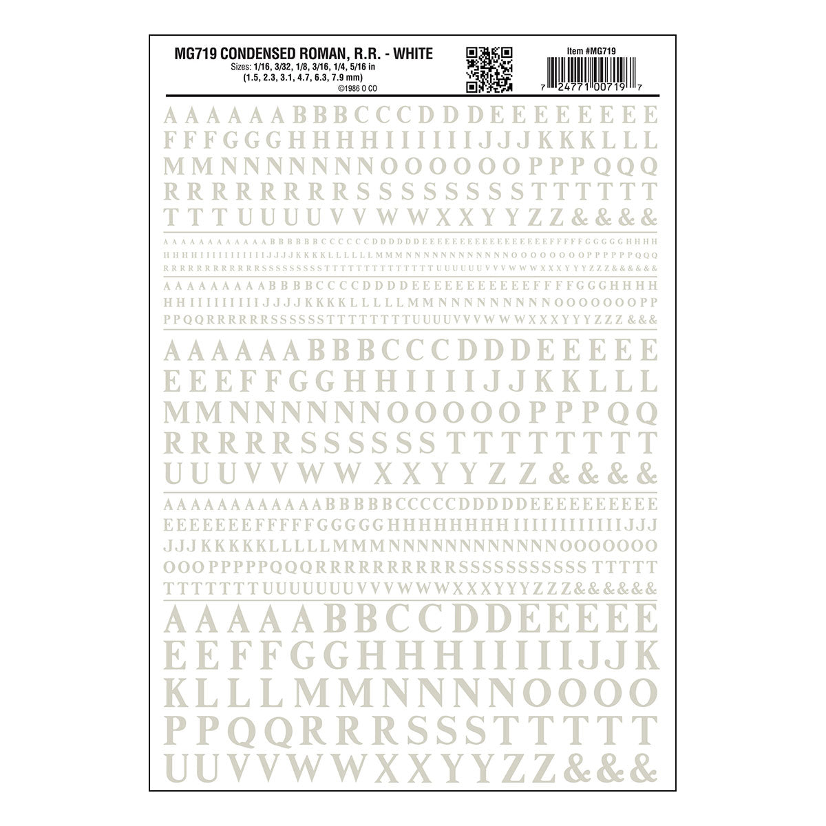 Woodland Scenics Dry Transfer Alphabet & Numbers - Condensed Railroad Roman -- White - WOOMG719
