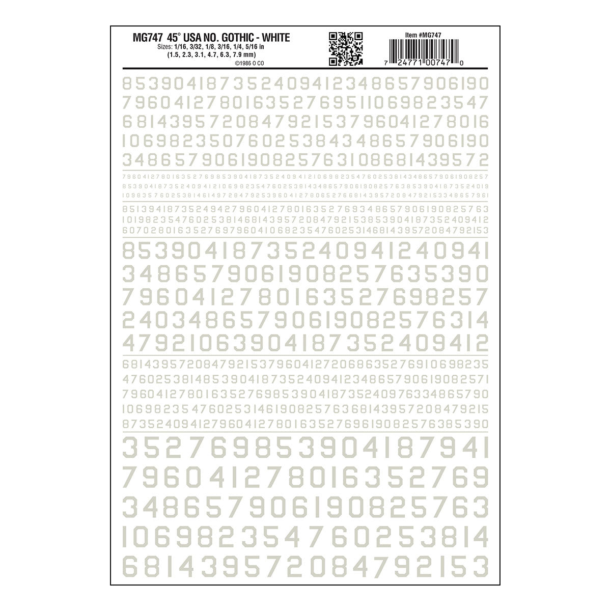 Woodland Scenics Dry Transfer Gothic 45-Degree USA Numbers, White - WOOMG747