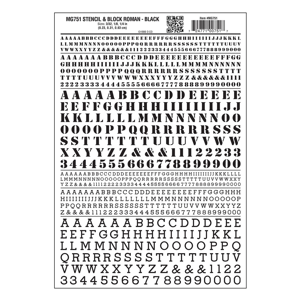 Woodland Scenics Dry Transfer Alphabet & Numbers - Stencil/Block Roman -- Black - WOOMG751