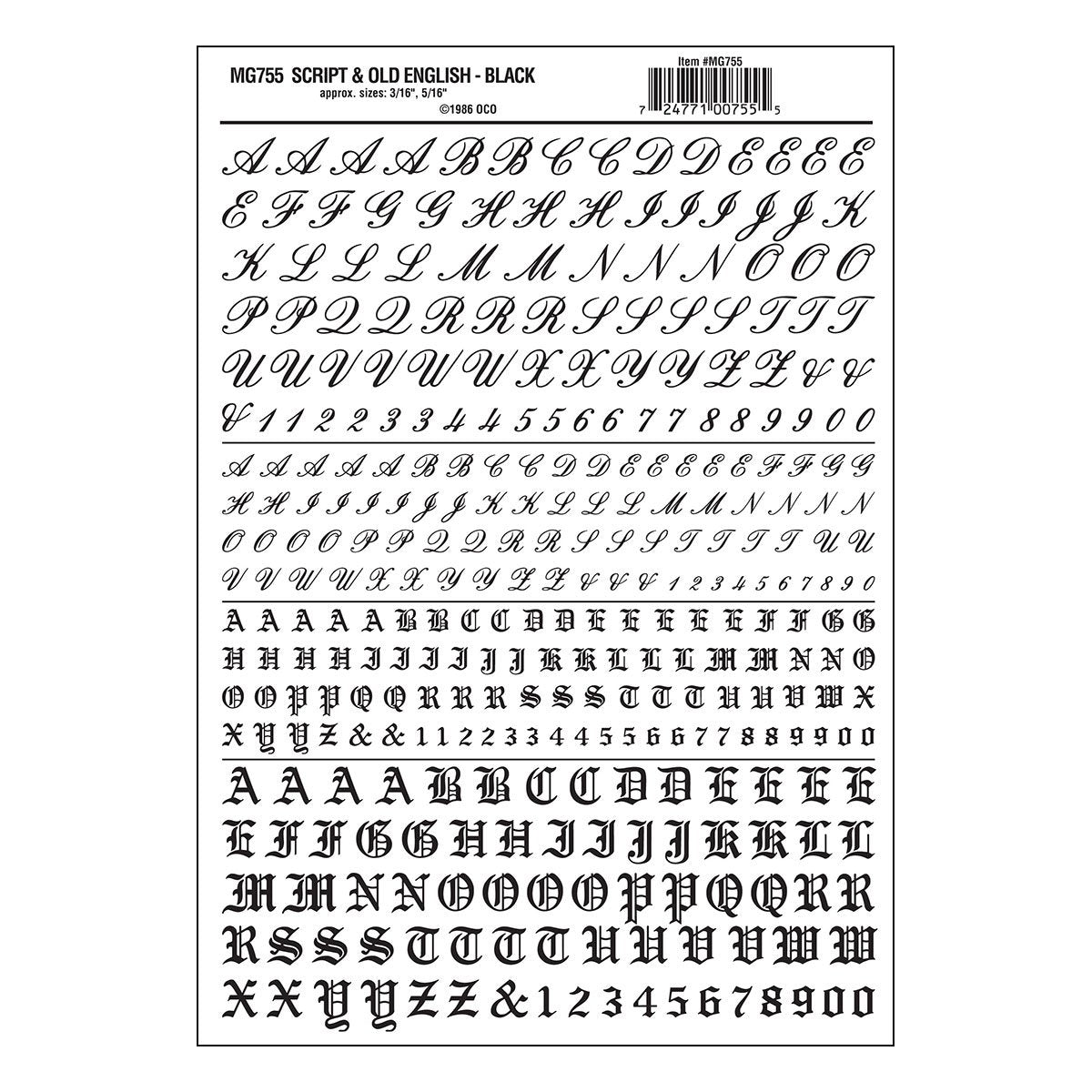Woodland Scenics Dry Transfer Script/Old English Letters, Black - WOOMG755