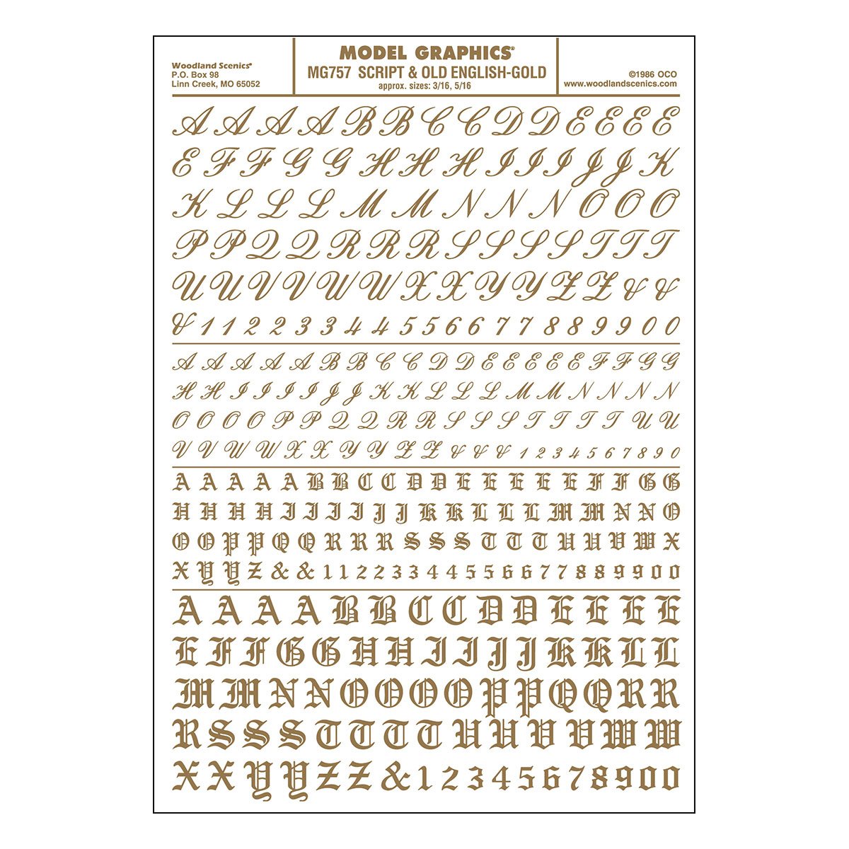 Woodland Scenics Dry Transfer Alphabet & Numbers - Script/Old English -- Gold - WOOMG757