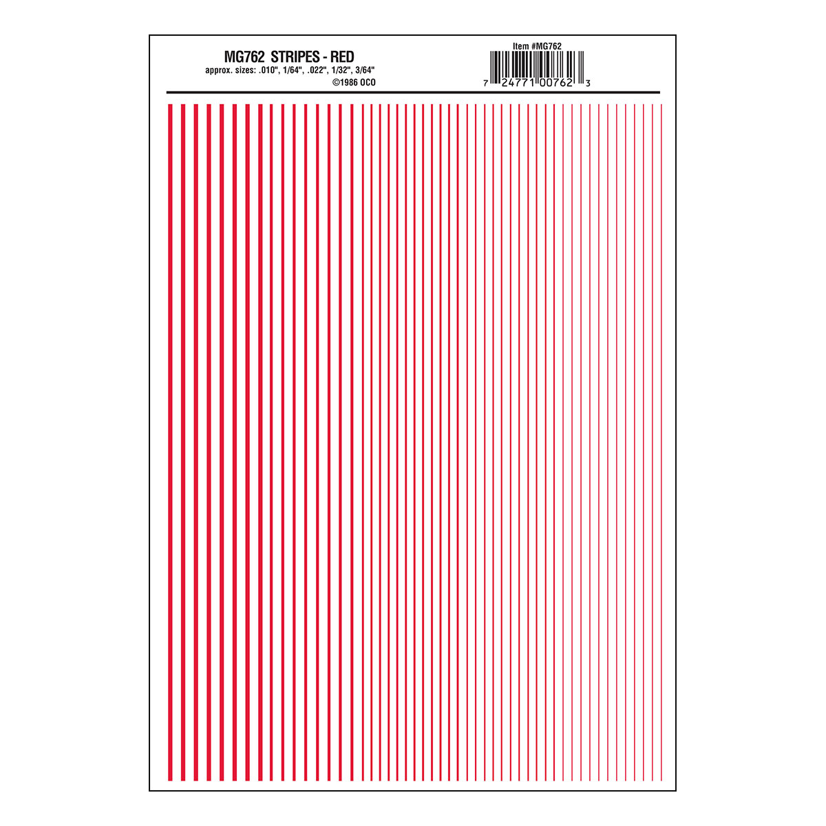 Woodland Scenics Dry Transfer Stripes - .010, 1/64, .022, 1/32 & 3/64" Wide -- Red - WOOMG762