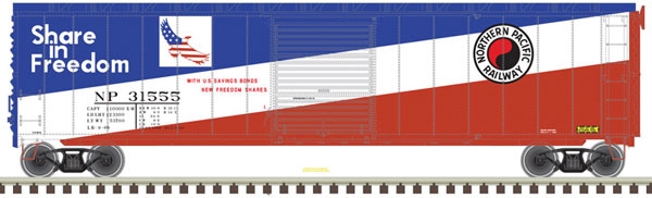 Atlas Postwar 50' Single-Door Boxcar - Ready to Run - Master(R) -- Northern Pacific 31555 (red, white, Blue, Savings Bonds Graphics) - ATL20005851