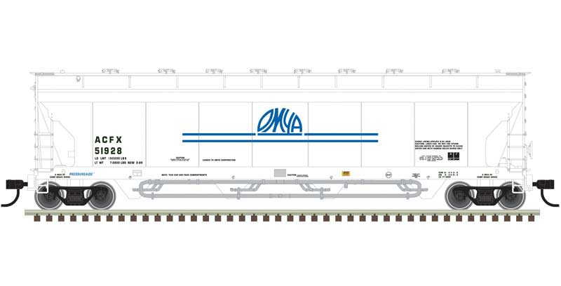 Atlas N Pressureaide Centerflow Covered Hopper - Ready to Run - Master(R) -- OMYA #51928 (white, blue, Short Stripes)