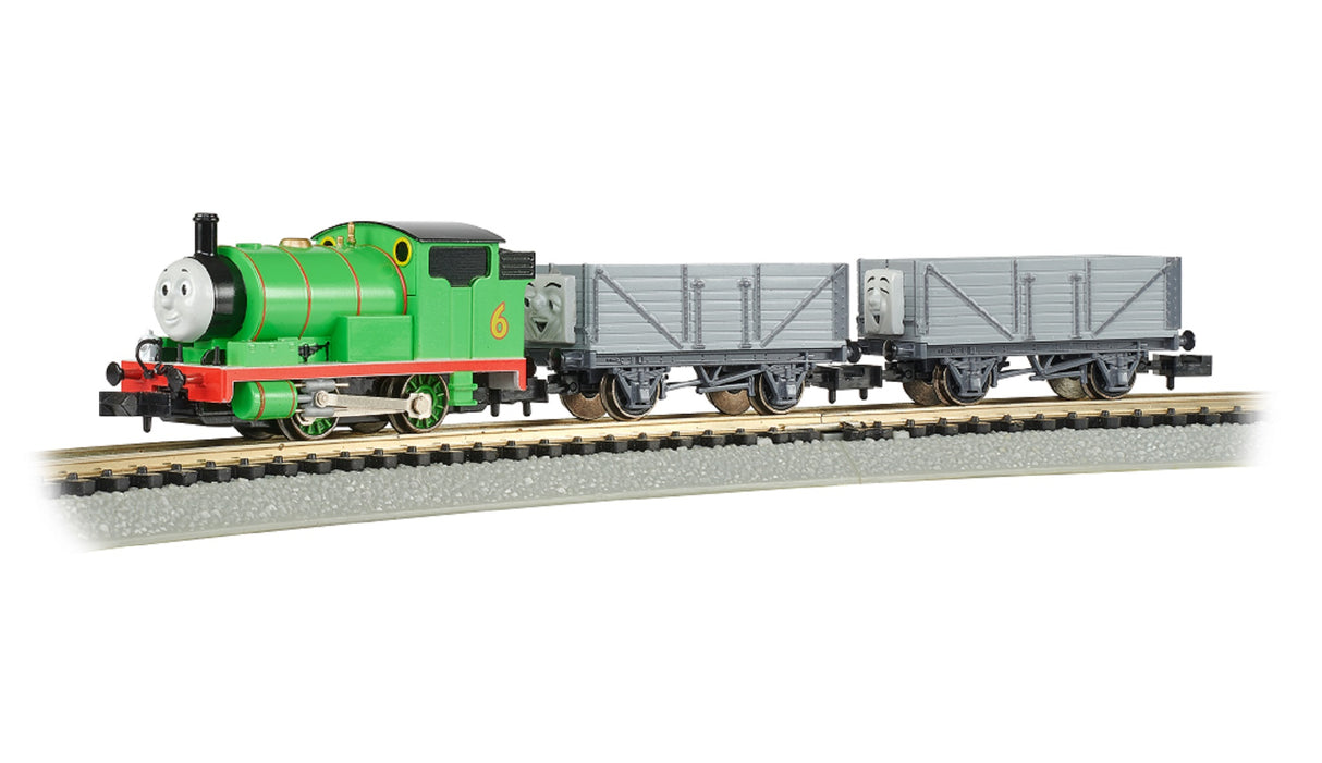 Bachmann N Percy and the Troublesome Trucks - Standard DC - Thomas & Friends(TM) -- Percy, 2 Cars, 3 Cars, 24" E-Z Track Circle, Power Pack