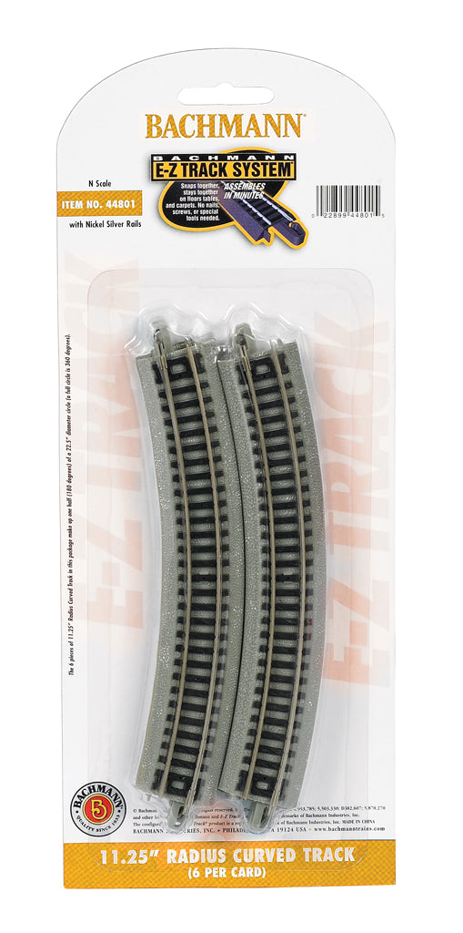 Bachmann Trains N Curved Track w/Nickel Silver Rail & Gray Roadbed - E-Z Track(R) -- 11-1/4" Radius pkg(6) - BAC44801