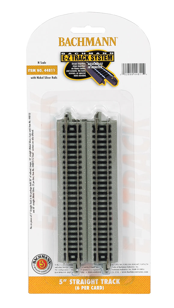 Bachmann Trains N Straight Track w/Nickel Silver Rail & Gray Roadbed - E-Z Track(R) -- 5" 12.7cm pkg(6) - BAC44811