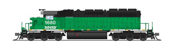 Broadway Limited N EMD SD40-2 Low Nose - Standard DC - Stealth -- BNSF Railway #1680 (Ex-BN Cascade Green, black, white)