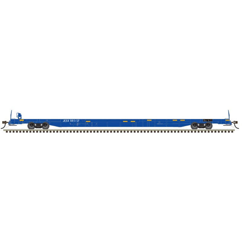 Atlas HO ACF 89' F89-J Flatcar w/Deck Risers - Ready to Run -- James E. Strates JESX #59 (blue, yellow conspicuity marks)