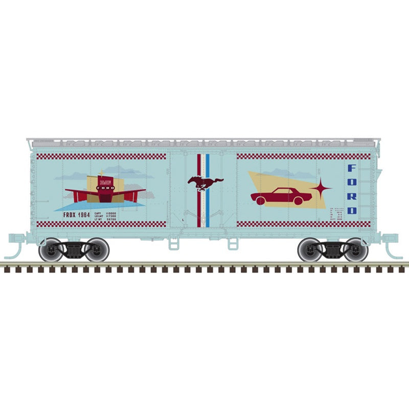 Atlas HO 40' Plug-Door Boxcar - Ready to Run -- Ford(R) Vintage MustangÊ#1973 (Fantasy Scheme, blue, red)