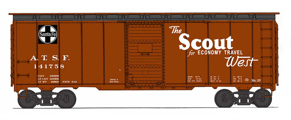 Intermounain Railway 10'6" Modified 1937 AAR 40' Boxcar - Ready to Run -- Atchison, Topeka & Santa Fe (Boxcar Red, Black, "Scout" Slogan) - IMR65831