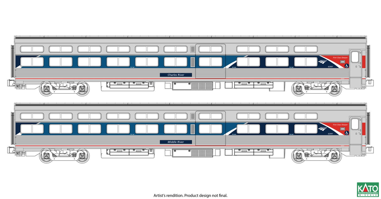 Kato 106-6296 N Viewliner I Sleeper 2-Pack - Ready to Run -- Amtrak (AMT) #62007 Charles River, 62041 Middle River (Phase VII)