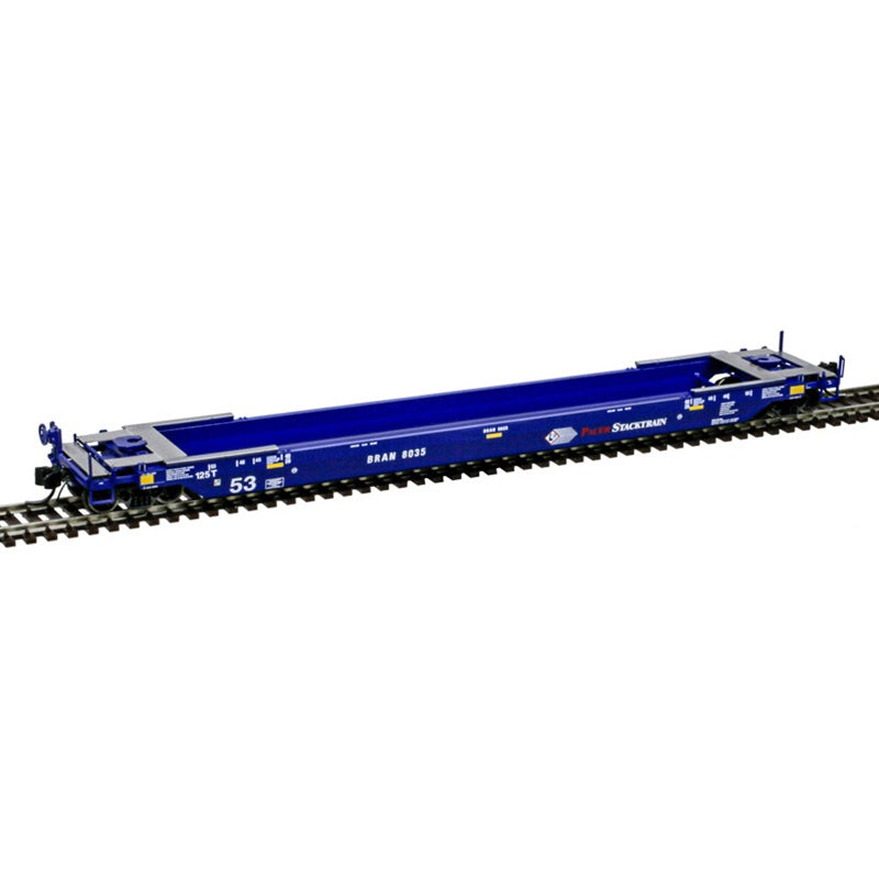 Atlas N 53' Rebuilt Well Car - Ready to Run - Master(R) -- Pacer Stacktrain BRAN #8035 (Fantasy Collector Scheme, blue, white, red)