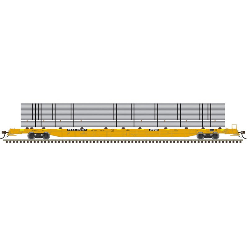 Atlas N ACF 89' F89-J Flatcar w/Deck Risers & Silver Pipe Load - Ready to Run -- TTX PTTX #602490 (yellow, black, yellow conspicuity marks)