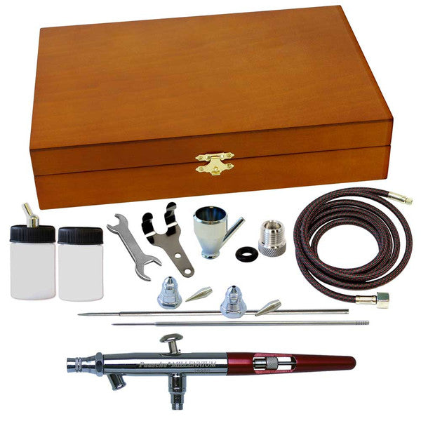 Paasche MIL-3WC Wood Box Airbrush Set w/ MIL - All Three Heads - PASMIL3WC