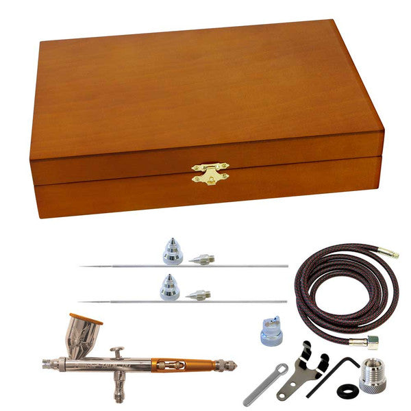 Paasche Gravity Feed Set in Wood Case w/ .25, .38 & .66mm heads & 1/8"BSP Adapter - PASTG3WC