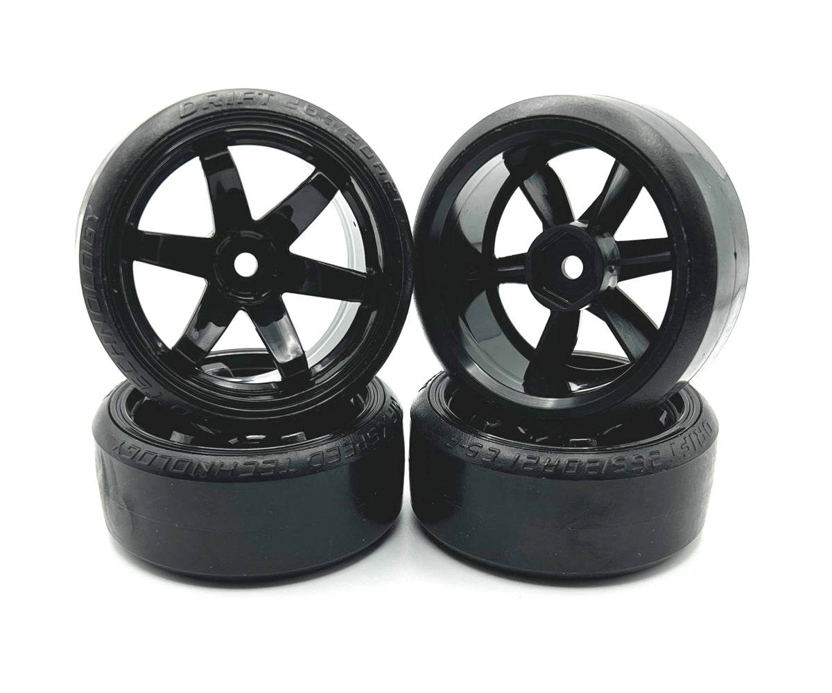Racers Edge 1/10 Drift Tires Mounted on Black 6 Spoke Wheels (4pcs) - RCE3474BK