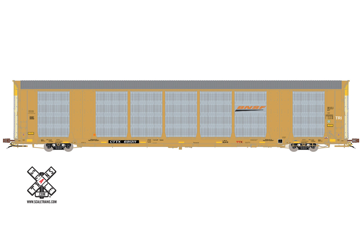 Scaletrains Rivet Counter HO Scale Gunderson Multi-Max Autorack, BNSF/Yellow/CTTX (Run 2) 691331 - SXT32740