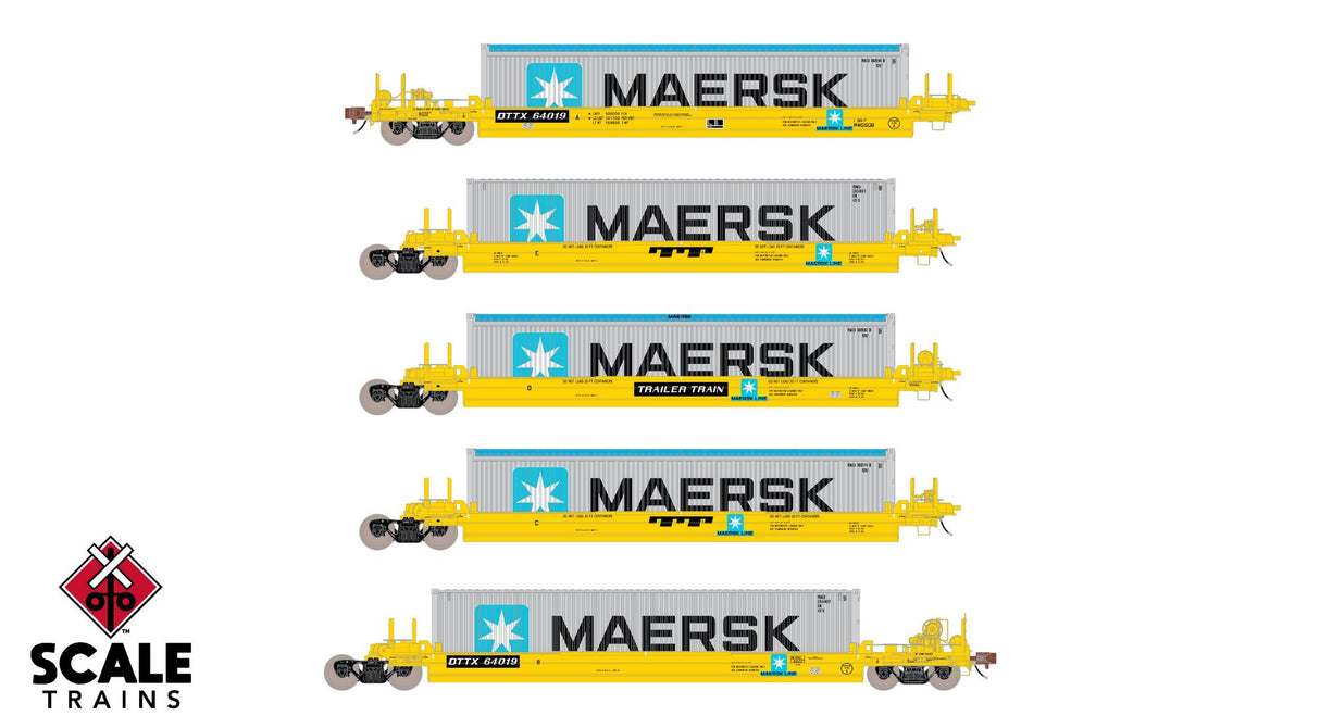 Rivet Counter HO Scale Pullman-Standard Trinity Backpacker Well Car Set w/Containers - Trailer Train / Mearsk / DTTX - Mearsk Scheme (Hypo Typical) #64019