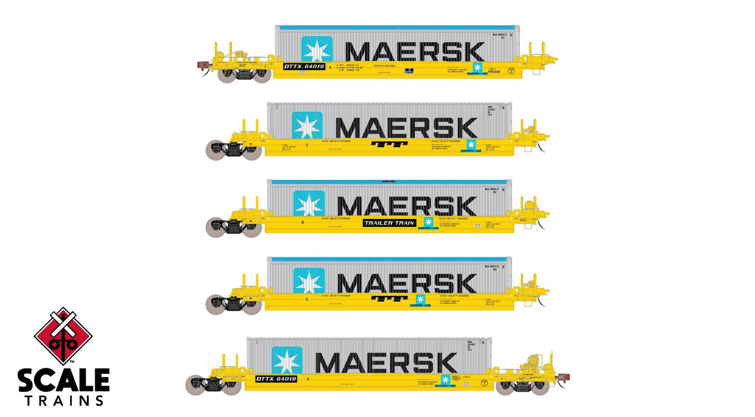 Rivet Counter HO Scale Pullman-Standard Trinity Backpacker Well Car Set w/Containers - Trailer Train / Mearsk / DTTX - Mearsk Scheme (Hypo Typical) #64019