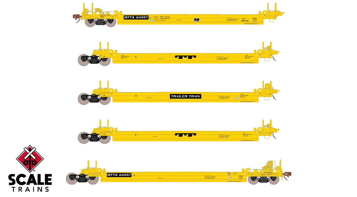 Rivet Counter HO Scale Pullman-Standard Trinity Backpacker Well Car Set - Trailer Train / DTTX - As Delivered #64057