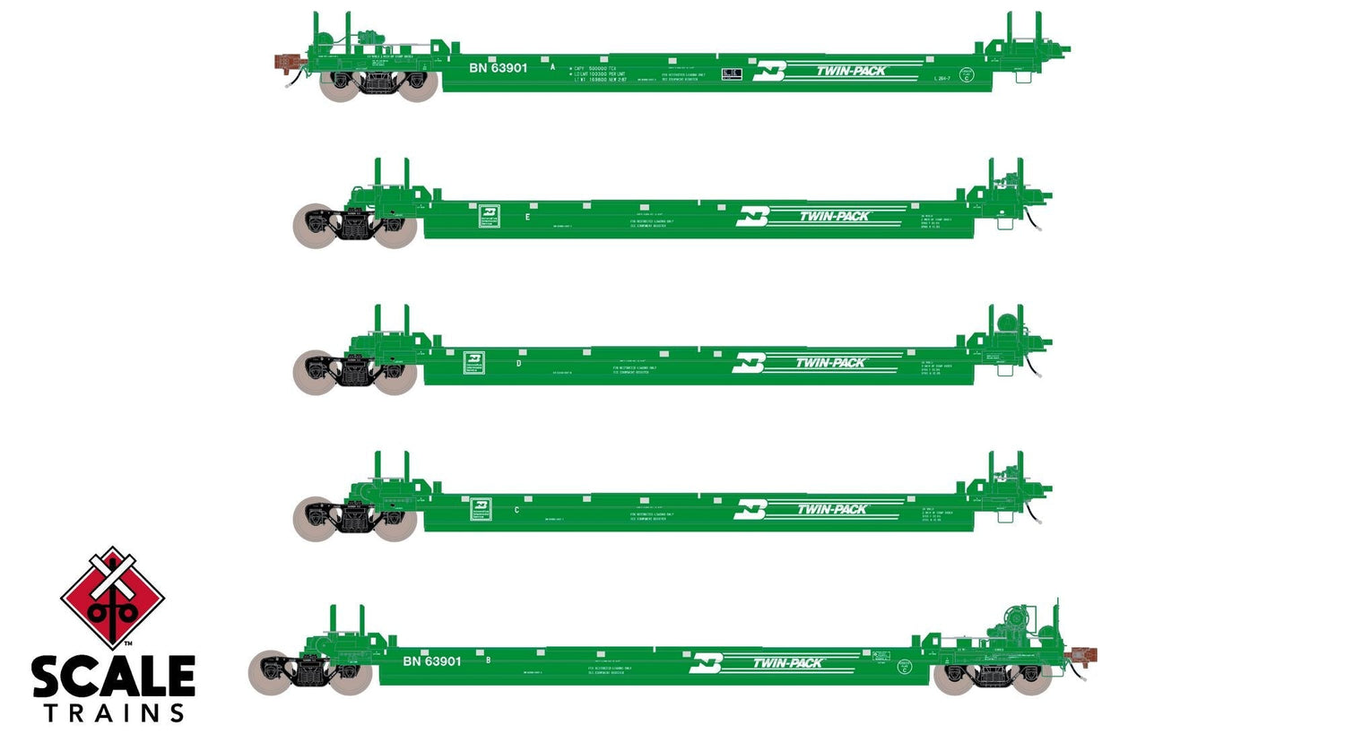 Rivet Counter HO Scale Pullman-Standard Trinity Backpacker Well Car Set - Burlington Northern / BN #63901