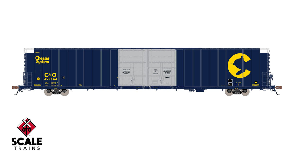 Rivet Counter HO Scale Thrall 86' High-Cube Double-Plug-Door Boxcar, Chessie System / Unpainted Aluminum Doors / CHSY #C&O 493563