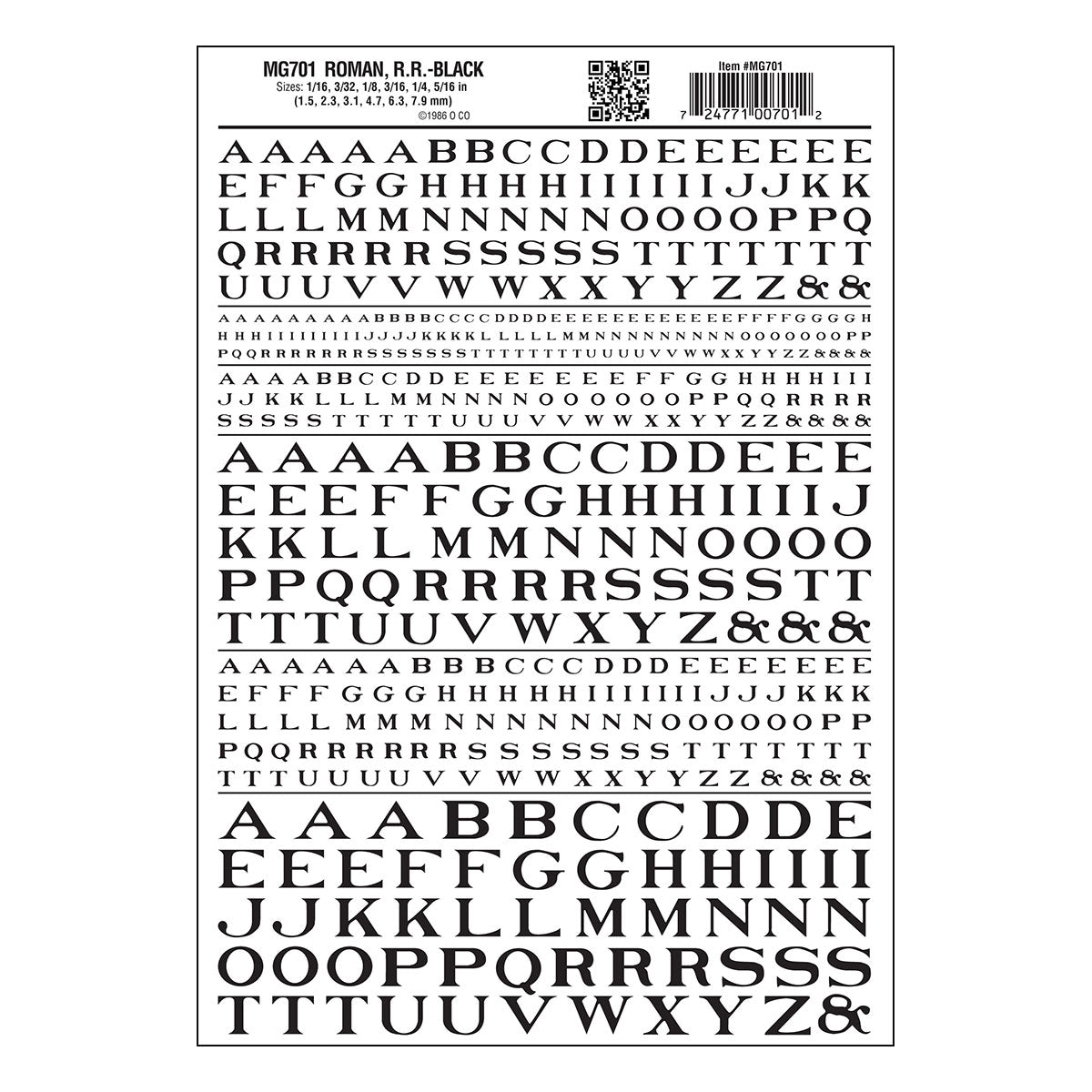 Woodland Scenics Dry Transfer Roman Letters, Black - WOOMG701