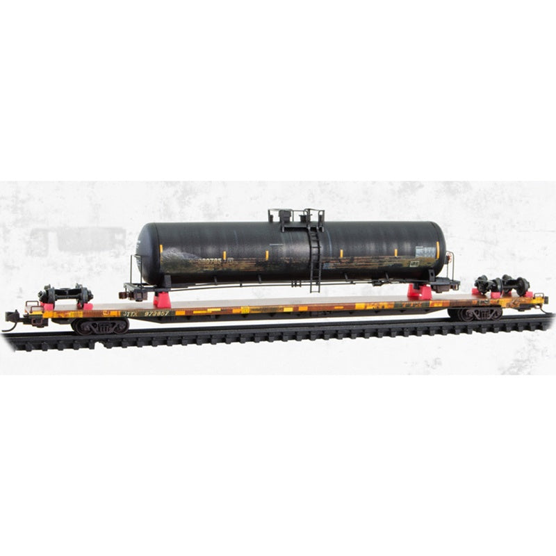 Micro-Trains by Atlas 071 144 941 N-Scale Weathered 89' TOFC Flatcar w/ "Wrecked" Tank Car Load - Trailer Train (TTX) #972657